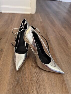 Zara Metallic Silver Pointed Toe Stiletto Pumps with Ankle Strap
